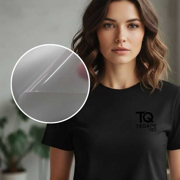 camiseta preta com aplicação do filme de recorte transparente