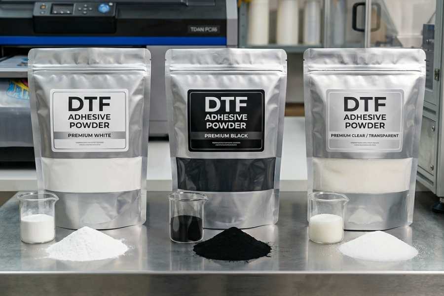 três pacotes de pó para DTF : um de pó TPU branco, outro de pó TPU preto e um de pó TPU transparente