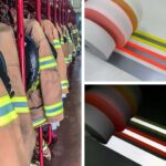 faixa refletiva antichamas aplicada no uniforme e detalhe dos rolos de faixa refletiva antichamas