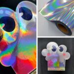 arte com 3 imagem uma com o rolo do filme de impressão holográfico e 2 exemplos de aplicação do Filme de impressão termocolante holográfico
