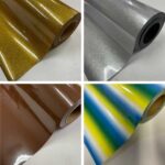 quatro imagens de filme de recorte Puff : degradê azul, verde, amarelo, marrom café, glitter prata e glitter dourado