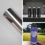 exemplos do uso da fita hot stamping prata em uma garrafa de agua e em potes de plástico