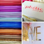 arte com imagem com vários rolos de foil laser de diversas cores e dois exemplos de aplicação de foil laser