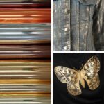 arte com uma imagem dos rolos de foil dourado, uma imagem de jaqueta jeans personalizada com foil dourado e uma imagem de uma camiseta com uma borboleta estampada com foil dourado