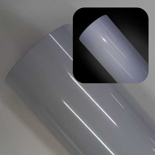 imagem do rolo de foil refletivo cor branco gelo, e imagem menor sobreposta no canto superior direito mostrando rolo de foil refletindo a luz